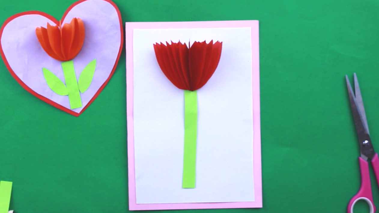 三八女王节幼儿园手工作业，做法超级简单的立体郁金香贺卡