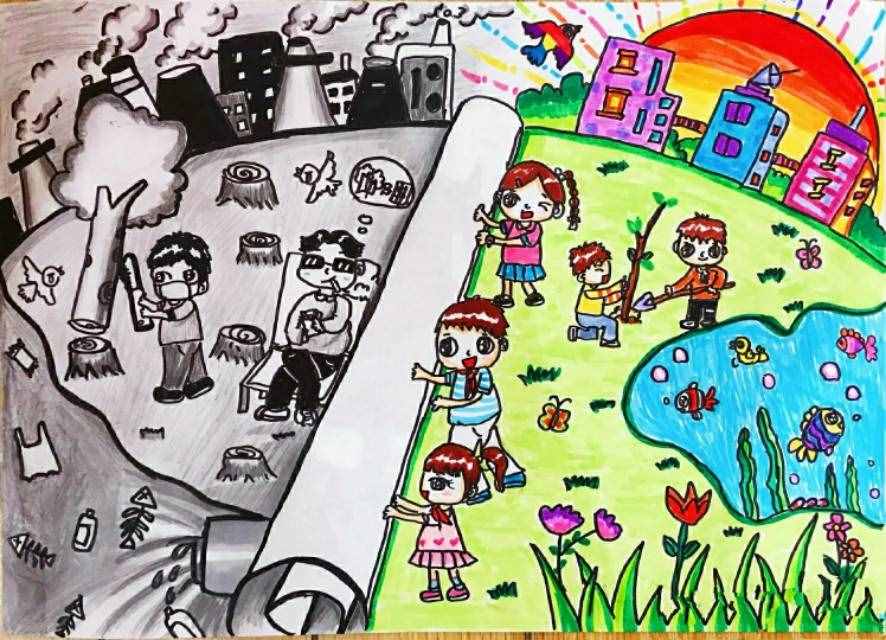 少儿美术：爱护环境人人有责，环保主题儿童画作品素材！