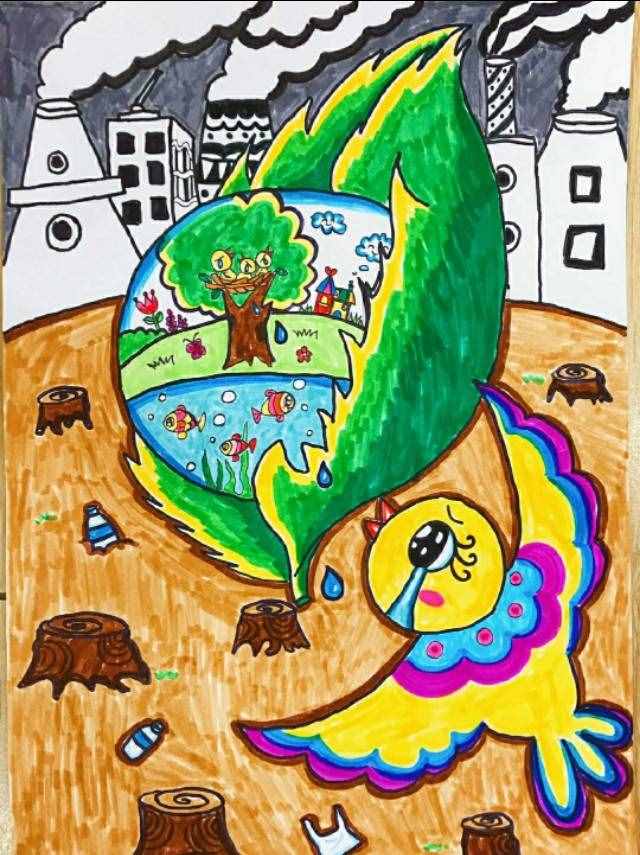 少儿美术：爱护环境人人有责，环保主题儿童画作品素材！