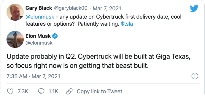 车市资讯：马斯克：特斯拉可能在第二季度发布Cybertruck更新